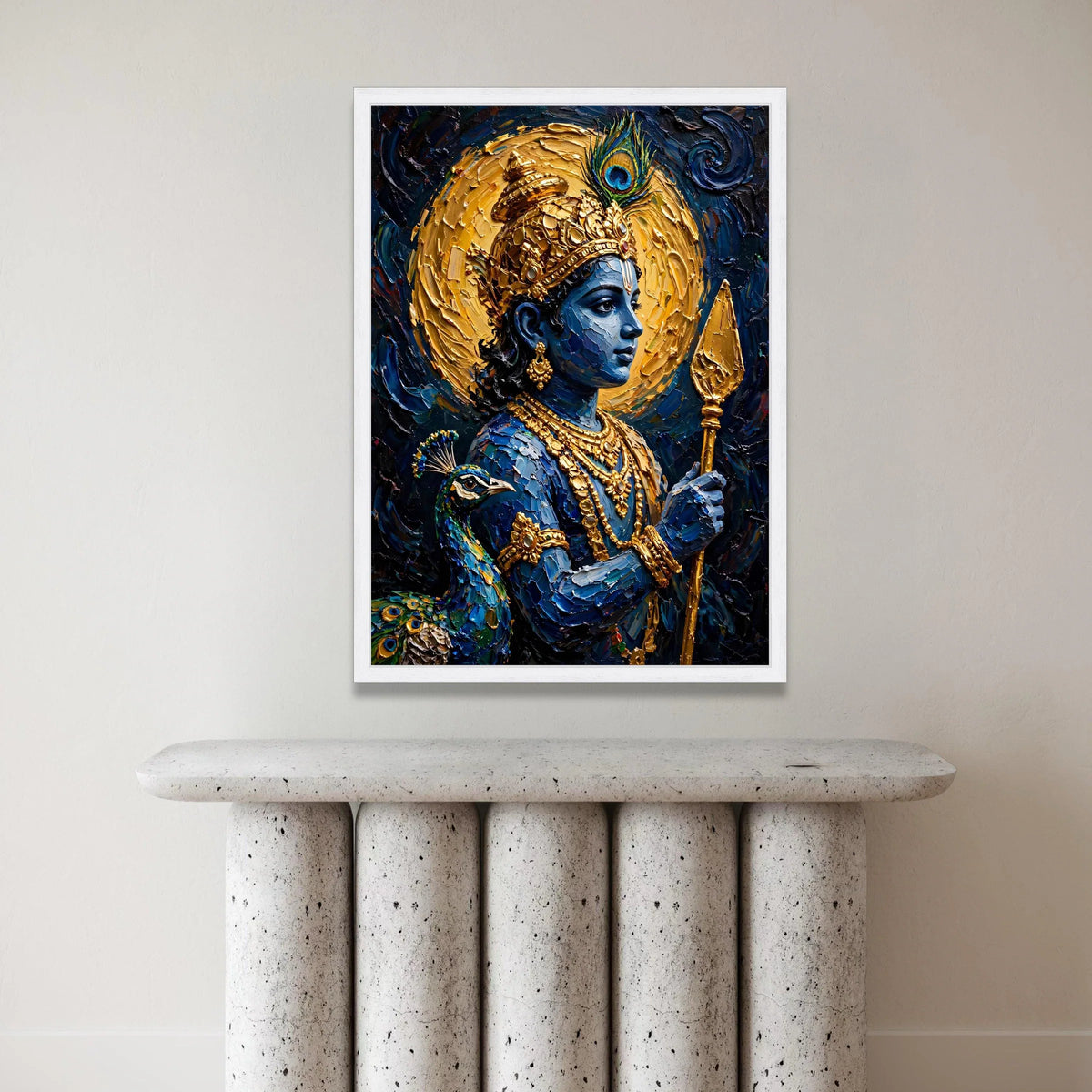 Divine Krishna Portrait Canvas, Blue Hindu God Wall Art, Spiritual Indian Decor, Peacock Feather Design, Mystical Canvas Canvas Print Art