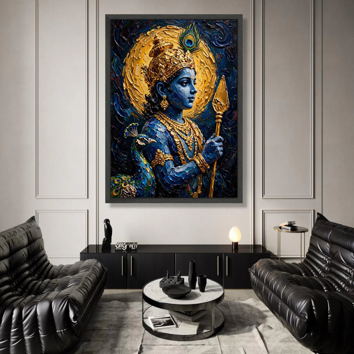 Divine Krishna Portrait Canvas, Blue Hindu God Wall Art, Spiritual Indian Decor, Peacock Feather Design, Mystical Canvas Canvas Print Art