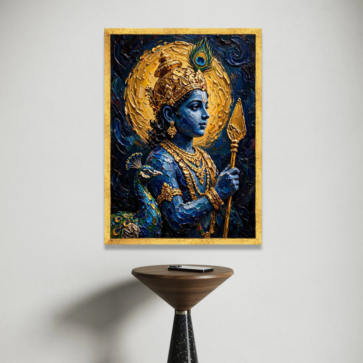 Divine Krishna Portrait Canvas, Blue Hindu God Wall Art, Spiritual Indian Decor, Peacock Feather Design, Mystical Canvas Canvas Print Art