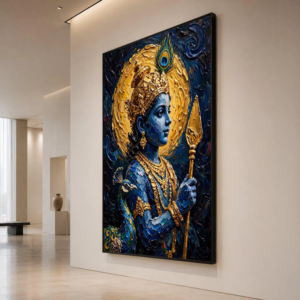 Divine Krishna Portrait Canvas, Blue Hindu God Wall Art, Spiritual Indian Decor, Peacock Feather Design, Mystical Canvas Canvas Print Art