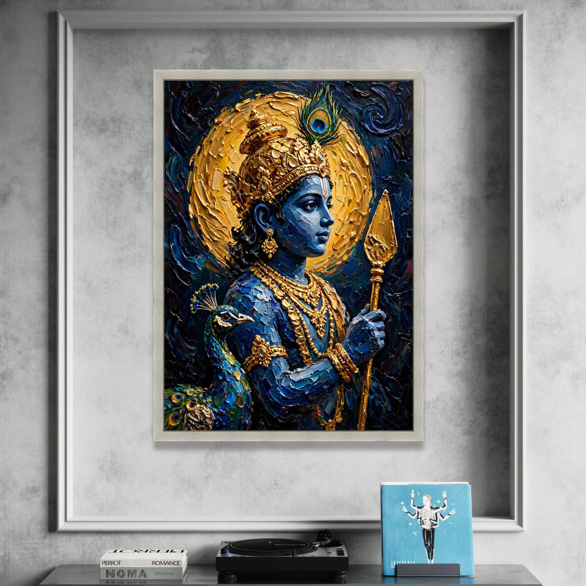 Divine Krishna Portrait Canvas, Blue Hindu God Wall Art, Spiritual Indian Decor, Peacock Feather Design, Mystical Canvas Canvas Print Art