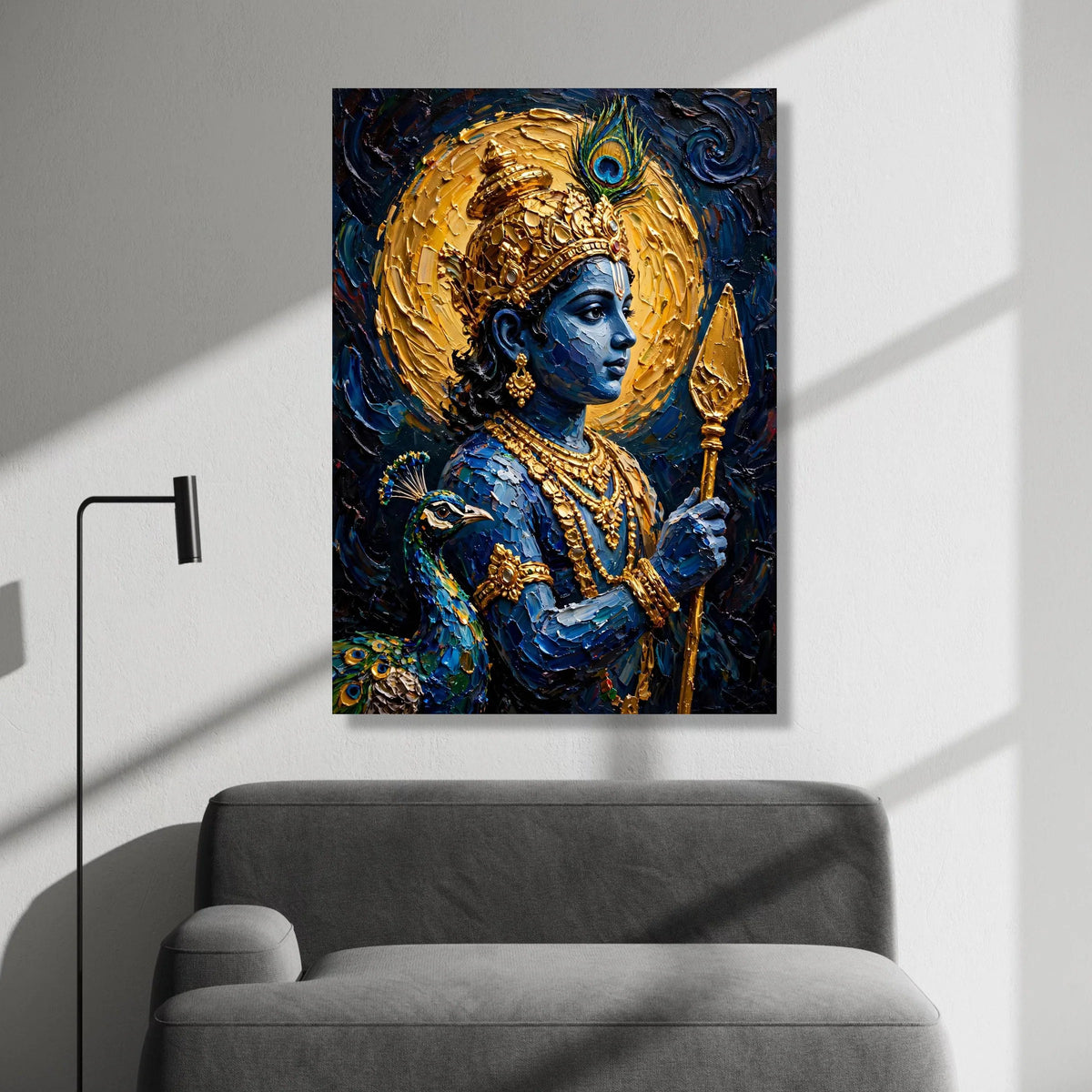 Divine Krishna Portrait Canvas, Blue Hindu God Wall Art, Spiritual Indian Decor, Peacock Feather Design, Mystical Canvas Canvas Print Art