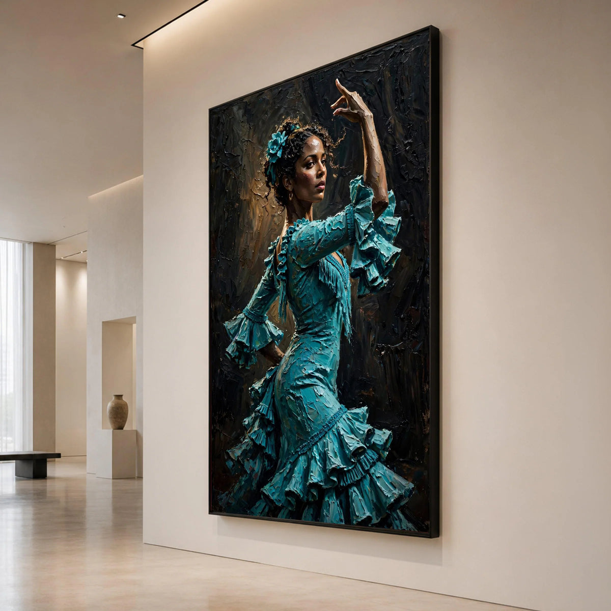 Flamenco Dancer Teal Dress Canvas, Spanish Dance Wall Art, Elegant Female Portrait, Cultural Home Decoration, Ready to Hang Canvas Print Art