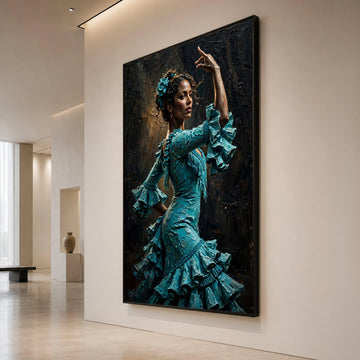 Flamenco Dancer Teal Dress Canvas, Spanish Dance Wall Art, Elegant Female Portrait, Cultural Home Decoration, Ready to Hang Canvas Print Art