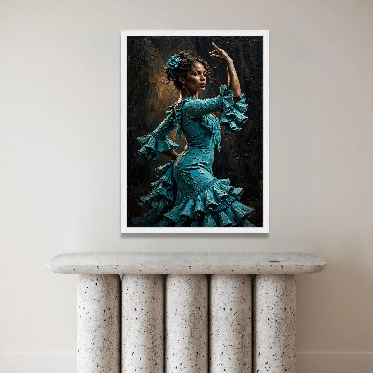 Flamenco Dancer Teal Dress Canvas, Spanish Dance Wall Art, Elegant Female Portrait, Cultural Home Decoration, Ready to Hang Canvas Print Art