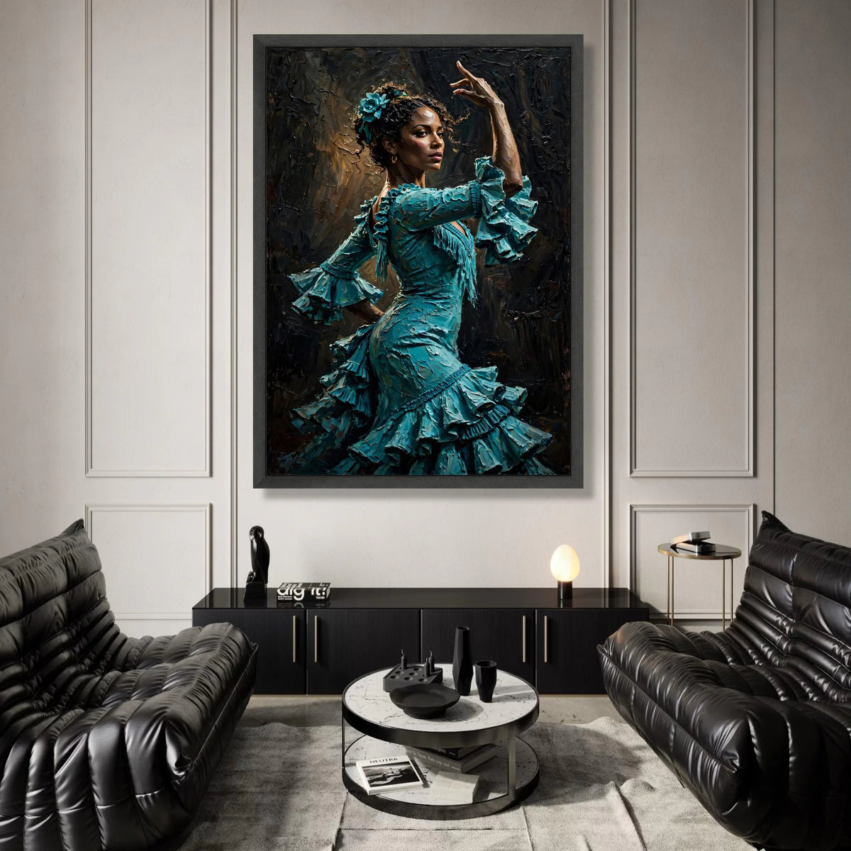 Flamenco Dancer Teal Dress Canvas, Spanish Dance Wall Art, Elegant Female Portrait, Cultural Home Decoration, Ready to Hang Canvas Print Art
