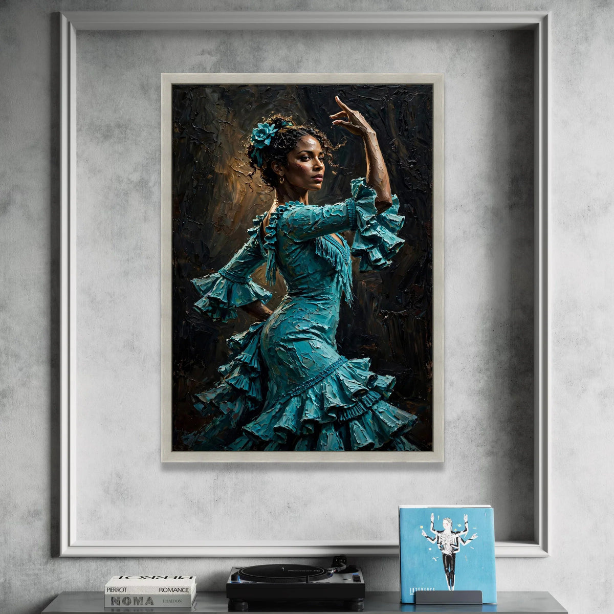 Flamenco Dancer Teal Dress Canvas, Spanish Dance Wall Art, Elegant Female Portrait, Cultural Home Decoration, Ready to Hang Canvas Print Art
