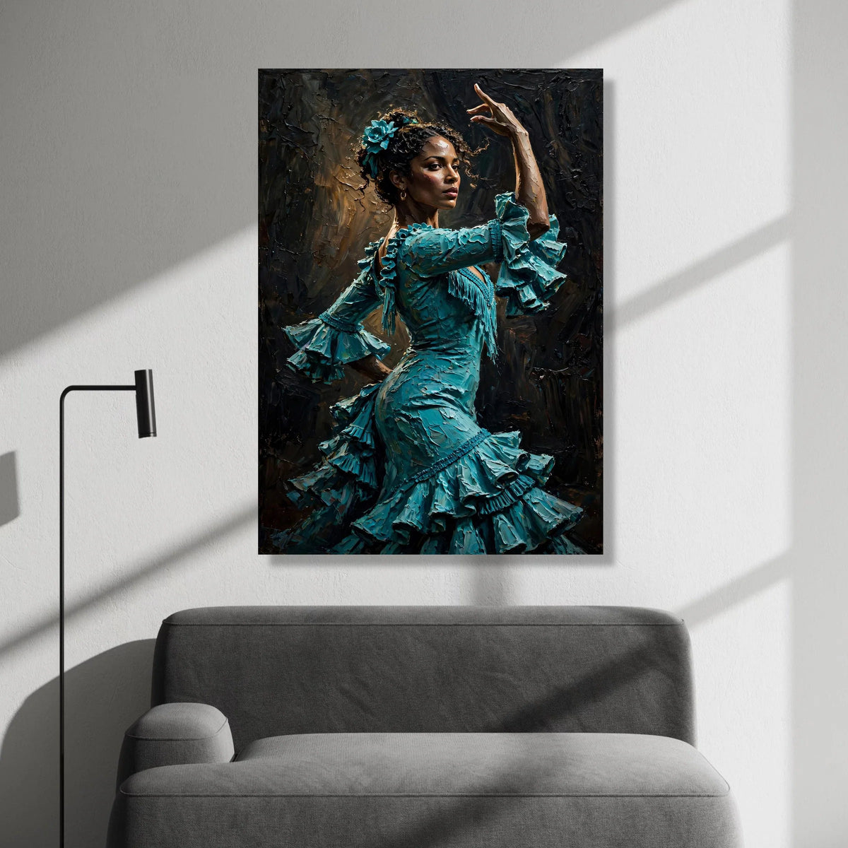 Flamenco Dancer Teal Dress Canvas, Spanish Dance Wall Art, Elegant Female Portrait, Cultural Home Decoration, Ready to Hang Canvas Print Art