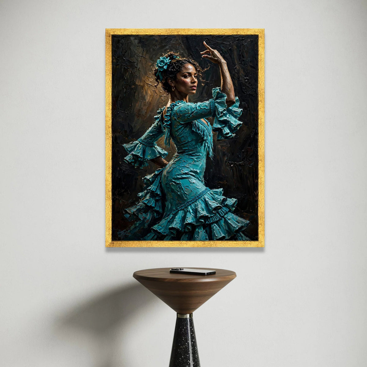 Flamenco Dancer Teal Dress Canvas, Spanish Dance Wall Art, Elegant Female Portrait, Cultural Home Decoration, Ready to Hang Canvas Print Art