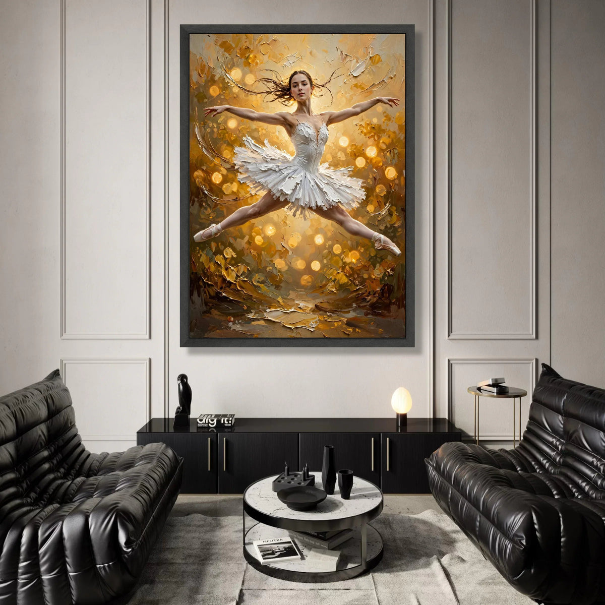 Graceful Ballerina Leap Canvas, White Ballet Dress Wall Art, Elegant Dance Pose Painting, Golden Glow Background, Home Canvas Print Art