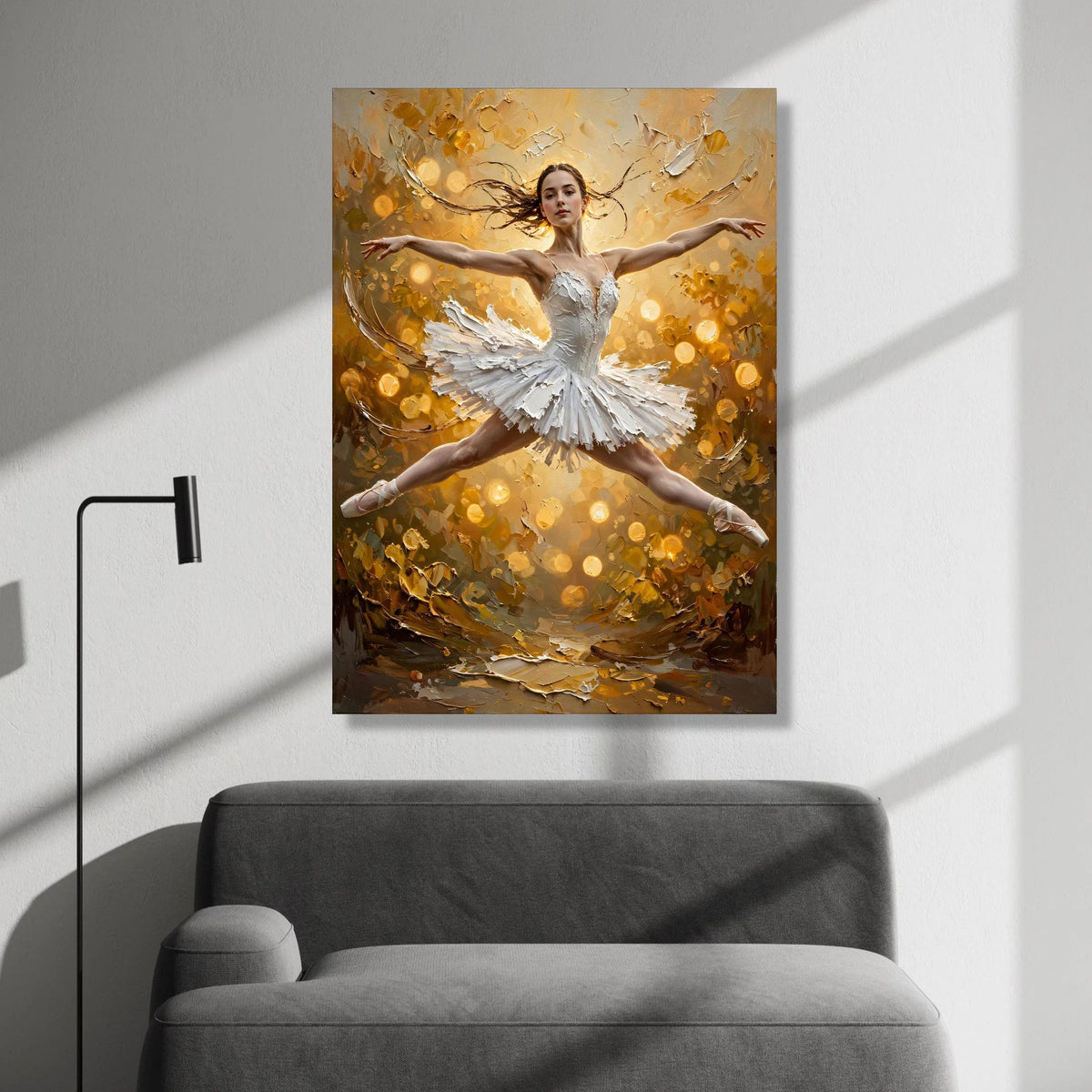 Graceful Ballerina Leap Canvas, White Ballet Dress Wall Art, Elegant Dance Pose Painting, Golden Glow Background, Home Canvas Print Art