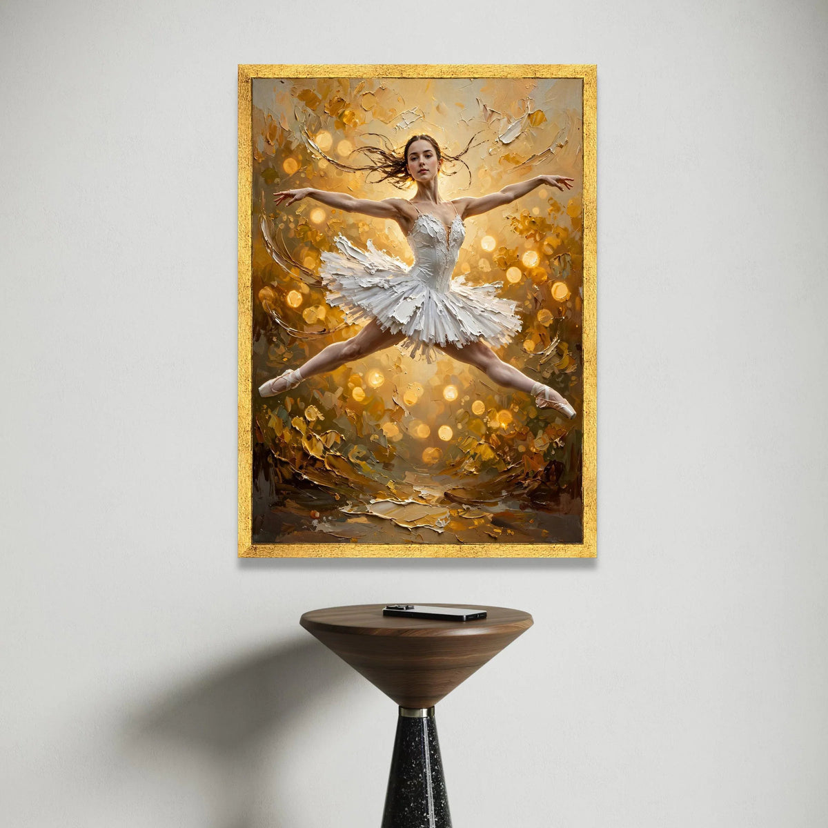 Graceful Ballerina Leap Canvas, White Ballet Dress Wall Art, Elegant Dance Pose Painting, Golden Glow Background, Home Canvas Print Art
