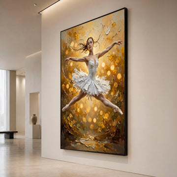 Graceful Ballerina Leap Canvas, White Ballet Dress Wall Art, Elegant Dance Pose Painting, Golden Glow Background, Home Canvas Print Art