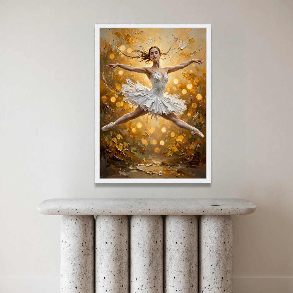 Graceful Ballerina Leap Canvas, White Ballet Dress Wall Art, Elegant Dance Pose Painting, Golden Glow Background, Home Canvas Print Art