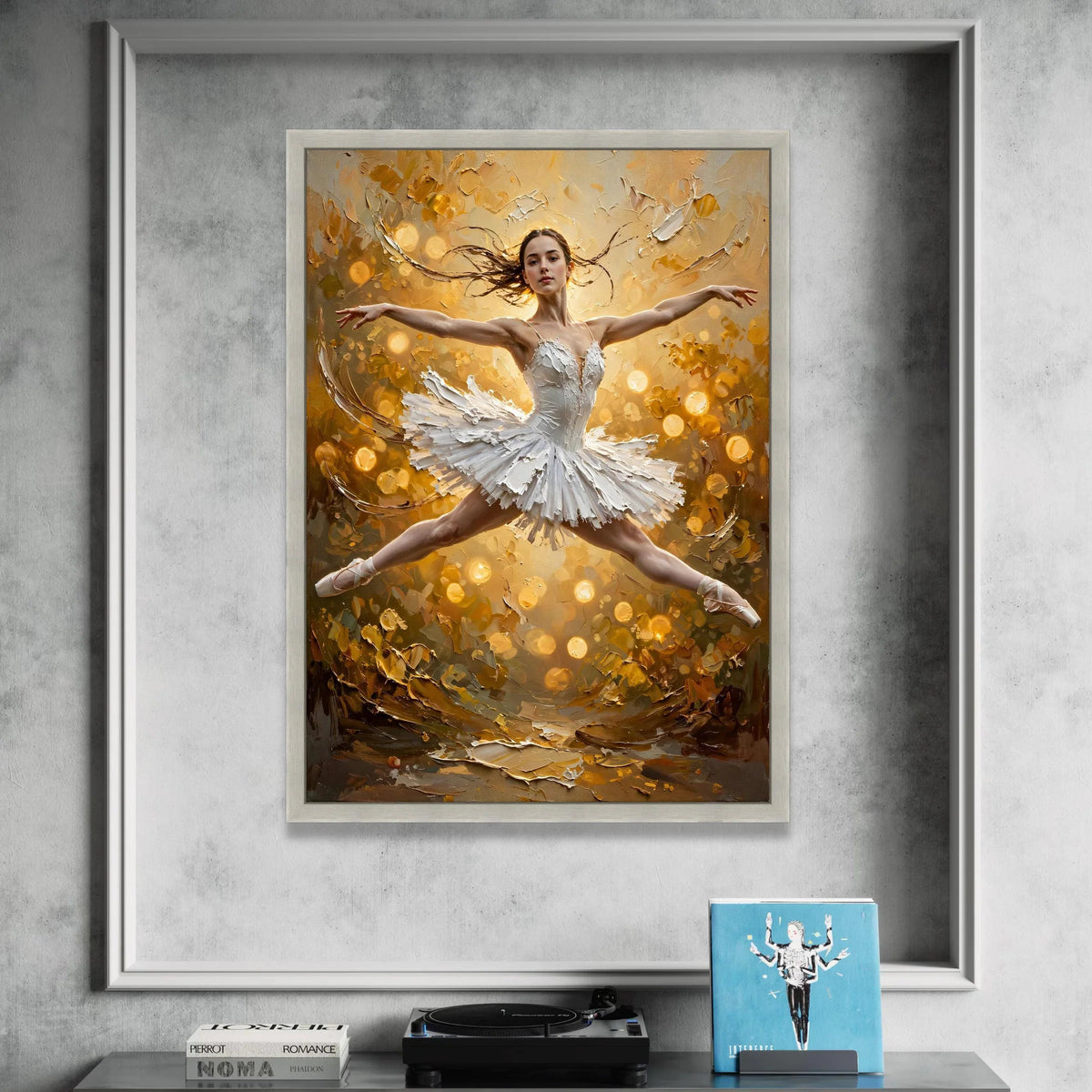 Graceful Ballerina Leap Canvas, White Ballet Dress Wall Art, Elegant Dance Pose Painting, Golden Glow Background, Home Canvas Print Art