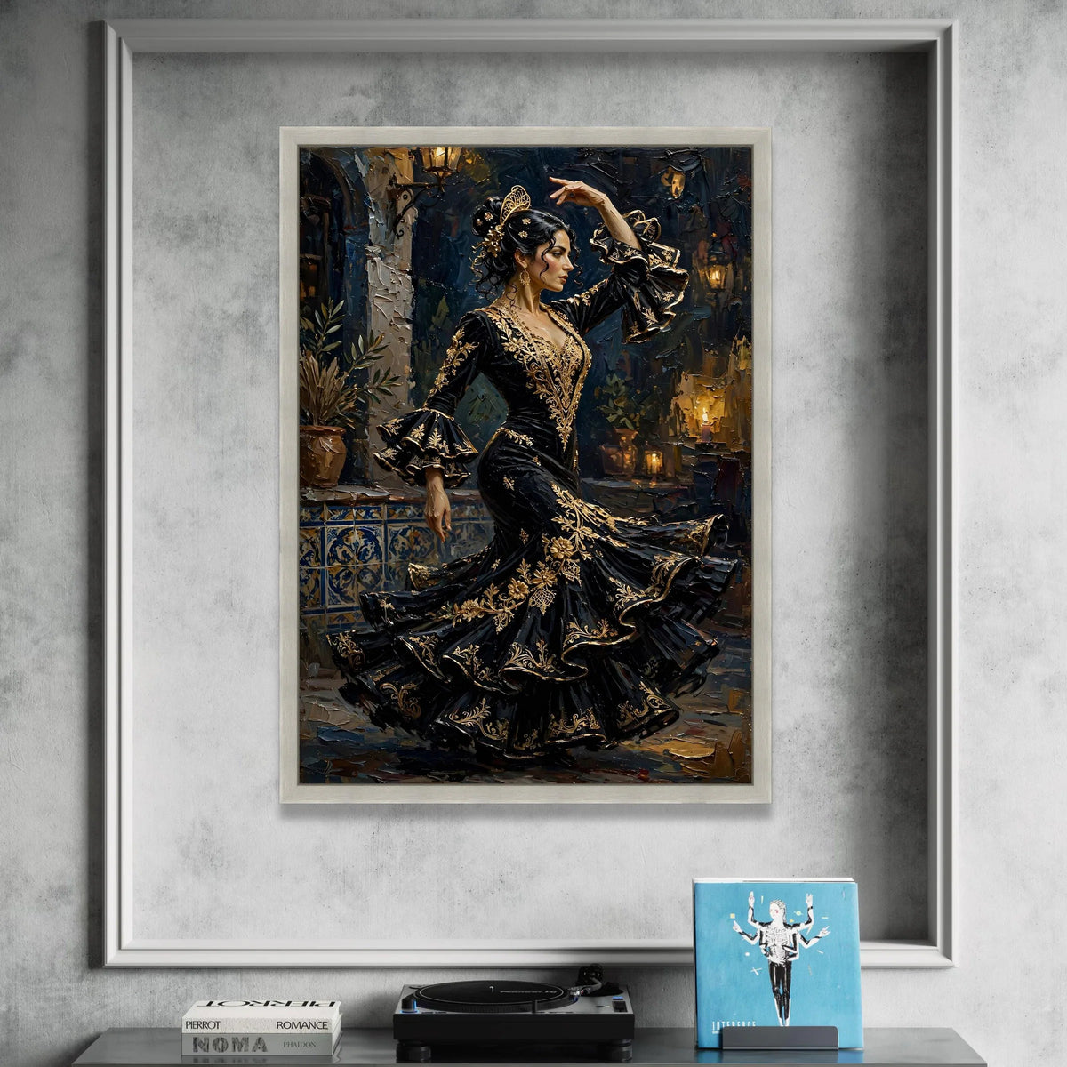 Elegant Flamenco Dancer Canvas Wall Art, Spanish Dance Illustration, Black and Gold Dress Artwork, Traditional Dance Decor, Canvas Print Art