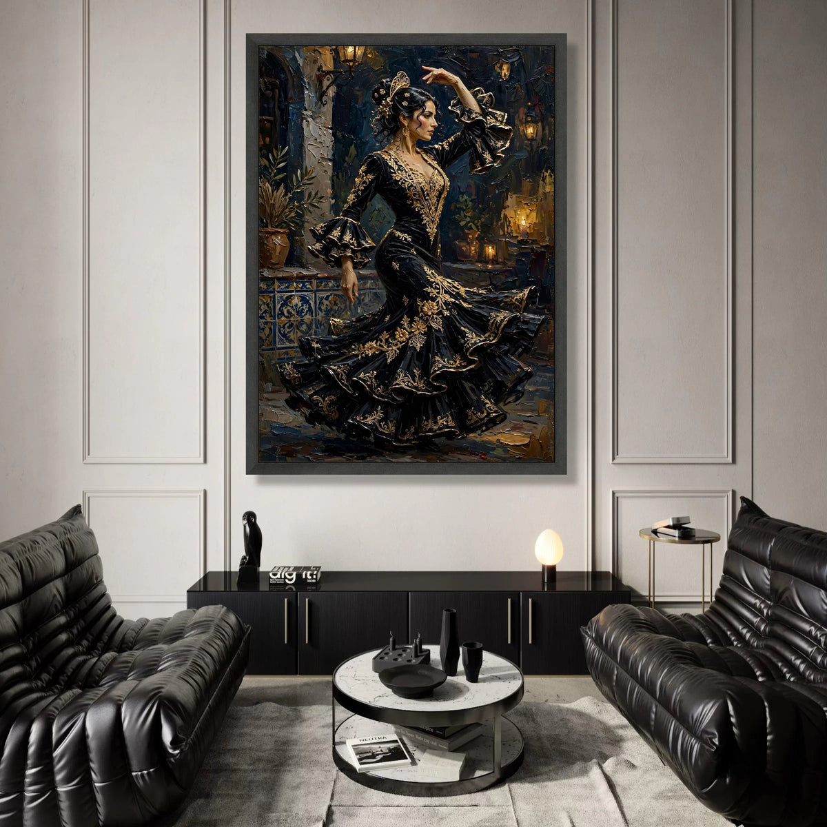 Elegant Flamenco Dancer Canvas Wall Art, Spanish Dance Illustration, Black and Gold Dress Artwork, Traditional Dance Decor, Canvas Print Art