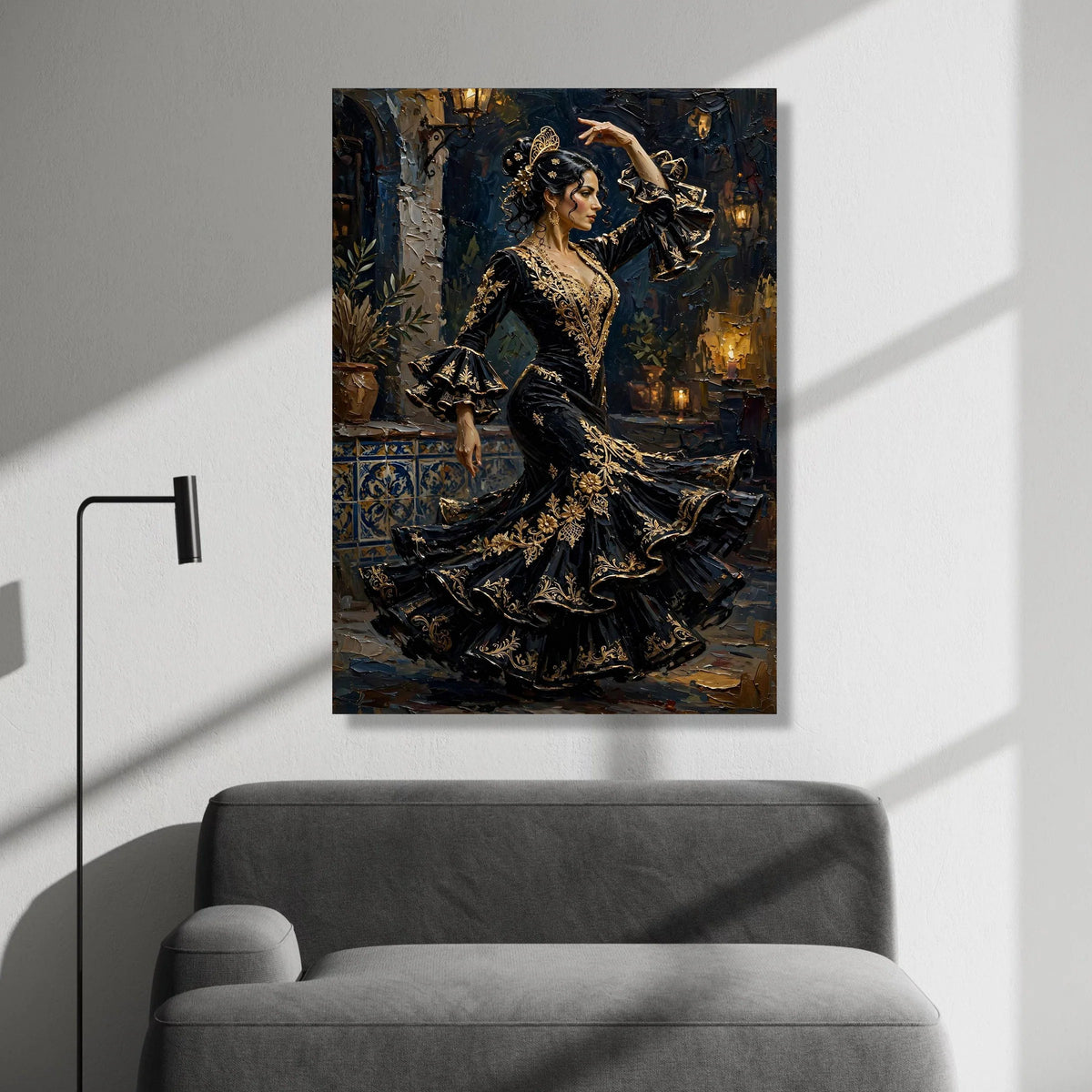 Elegant Flamenco Dancer Canvas Wall Art, Spanish Dance Illustration, Black and Gold Dress Artwork, Traditional Dance Decor, Canvas Print Art