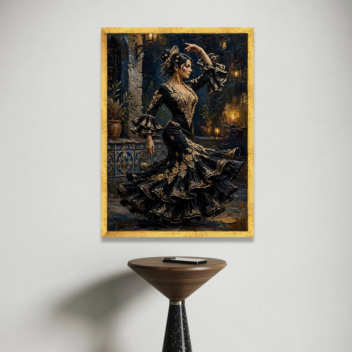 Elegant Flamenco Dancer Canvas Wall Art, Spanish Dance Illustration, Black and Gold Dress Artwork, Traditional Dance Decor, Canvas Print Art