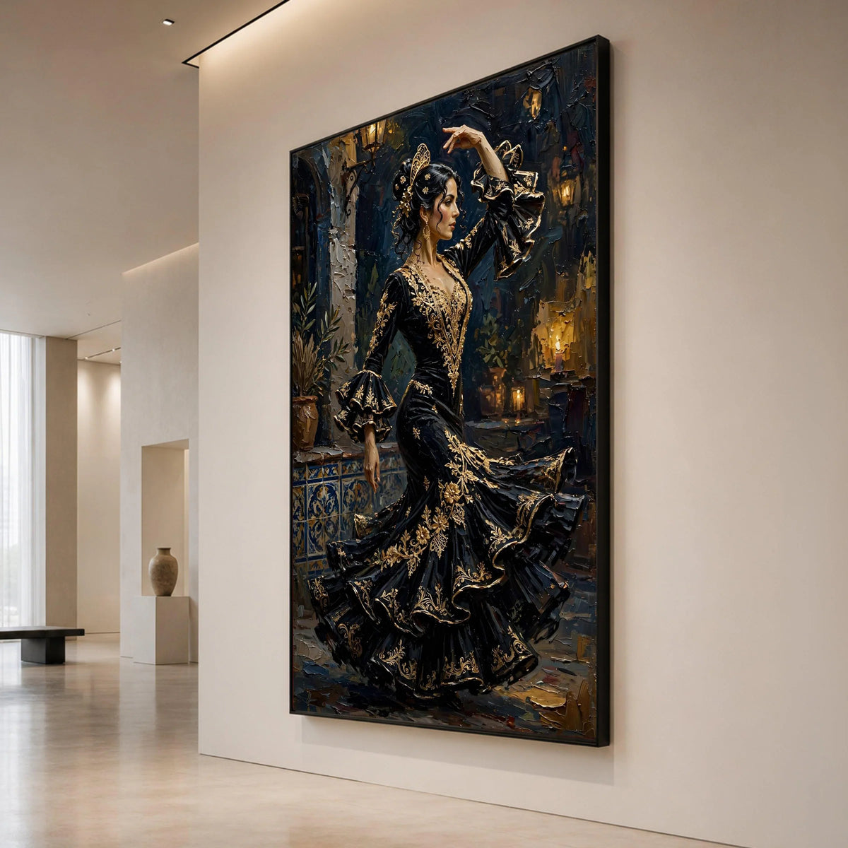 Elegant Flamenco Dancer Canvas Wall Art, Spanish Dance Illustration, Black and Gold Dress Artwork, Traditional Dance Decor, Canvas Print Art