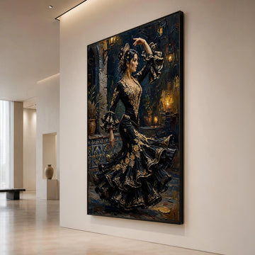Elegant Flamenco Dancer Canvas Wall Art, Spanish Dance Illustration, Black and Gold Dress Artwork, Traditional Dance Decor, Canvas Print Art