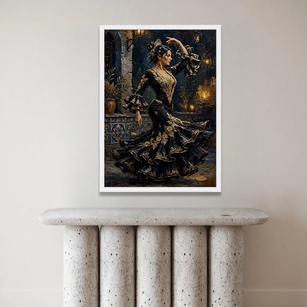 Elegant Flamenco Dancer Canvas Wall Art, Spanish Dance Illustration, Black and Gold Dress Artwork, Traditional Dance Decor, Canvas Print Art