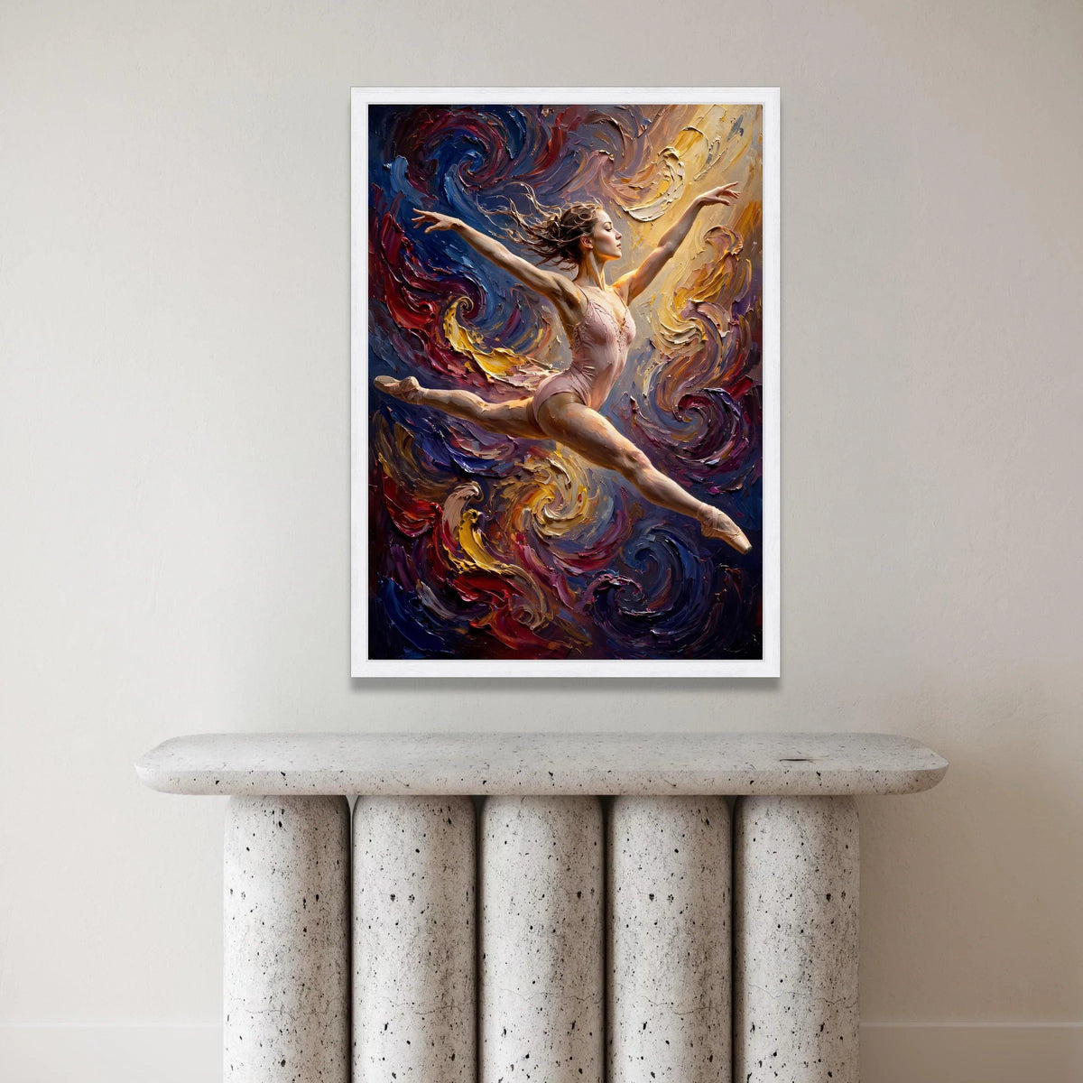 Graceful Ballerina Leap, Dynamic Dance Canvas, Swirling Colorful Background, Artistic Ballet Wall Art, Modern Home Canvas Print Art