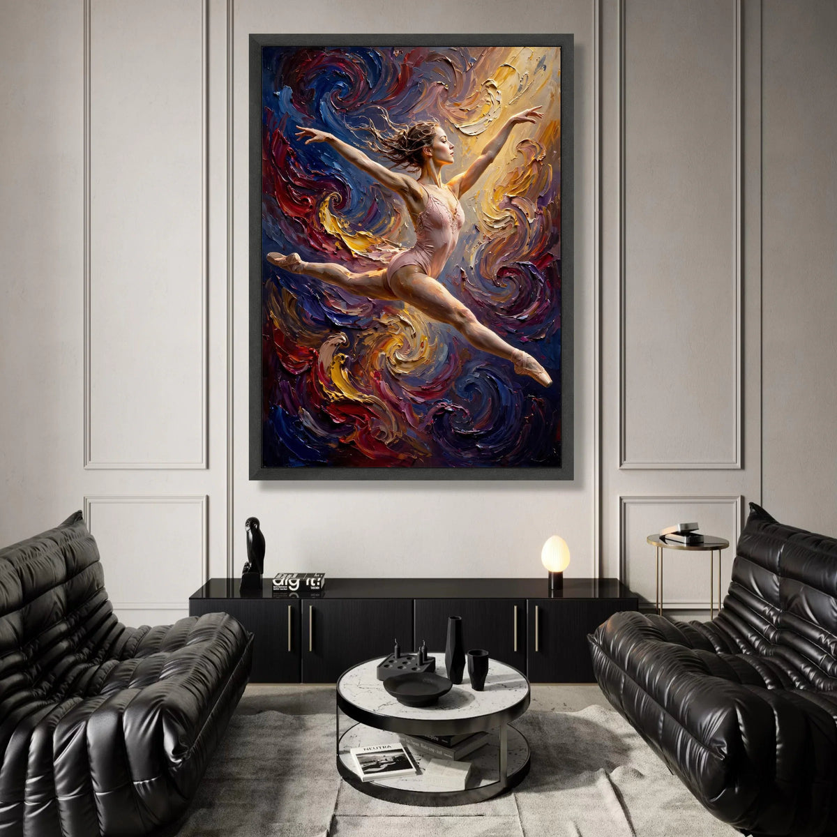Graceful Ballerina Leap, Dynamic Dance Canvas, Swirling Colorful Background, Artistic Ballet Wall Art, Modern Home Canvas Print Art