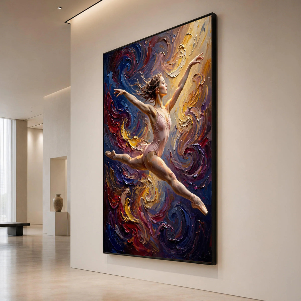Graceful Ballerina Leap, Dynamic Dance Canvas, Swirling Colorful Background, Artistic Ballet Wall Art, Modern Home Canvas Print Art