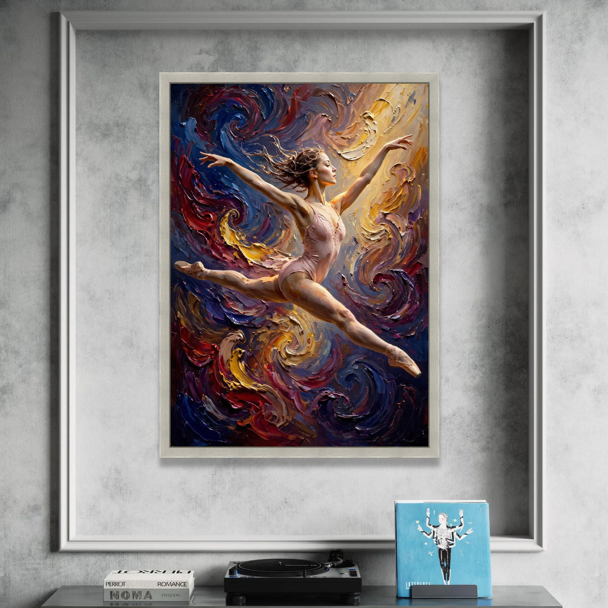 Graceful Ballerina Leap, Dynamic Dance Canvas, Swirling Colorful Background, Artistic Ballet Wall Art, Modern Home Canvas Print Art