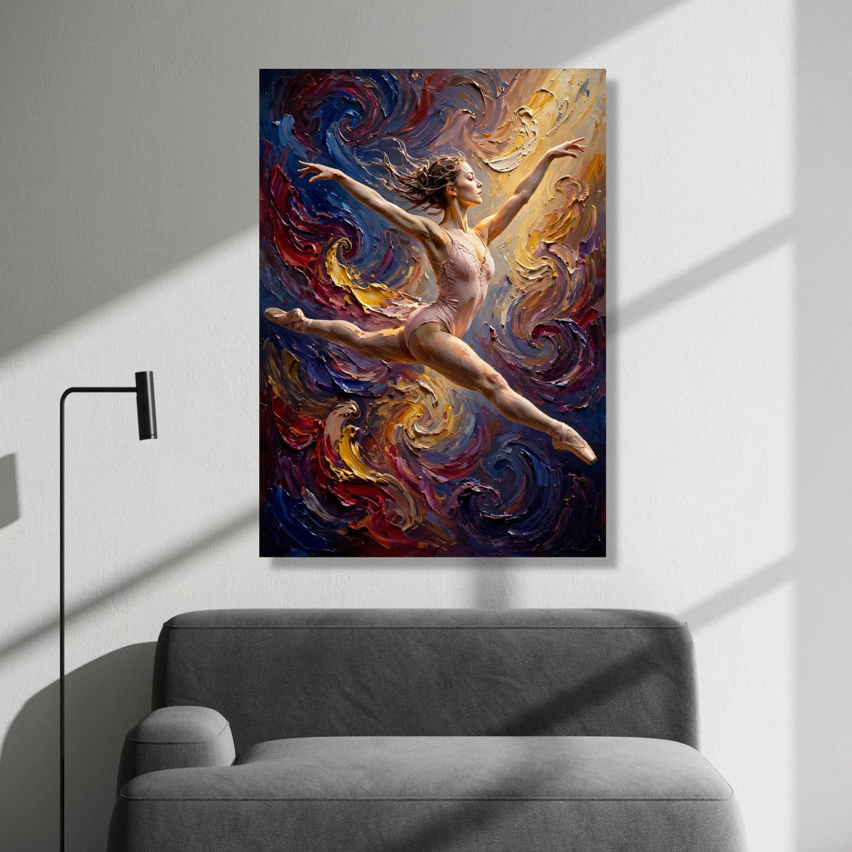 Graceful Ballerina Leap, Dynamic Dance Canvas, Swirling Colorful Background, Artistic Ballet Wall Art, Modern Home Canvas Print Art