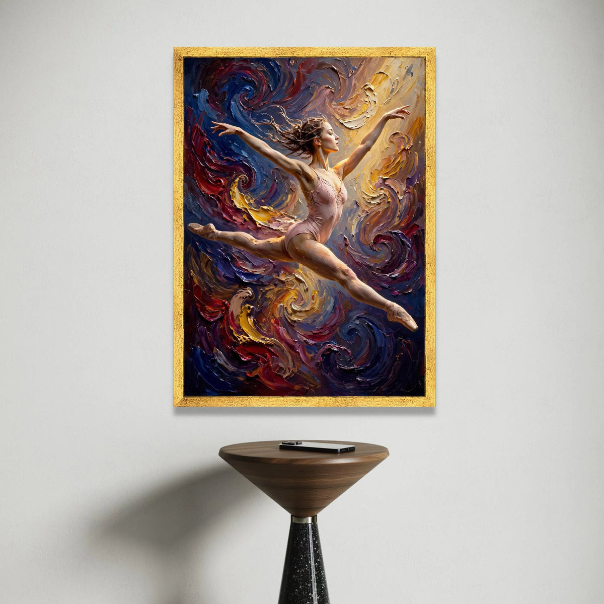 Graceful Ballerina Leap, Dynamic Dance Canvas, Swirling Colorful Background, Artistic Ballet Wall Art, Modern Home Canvas Print Art