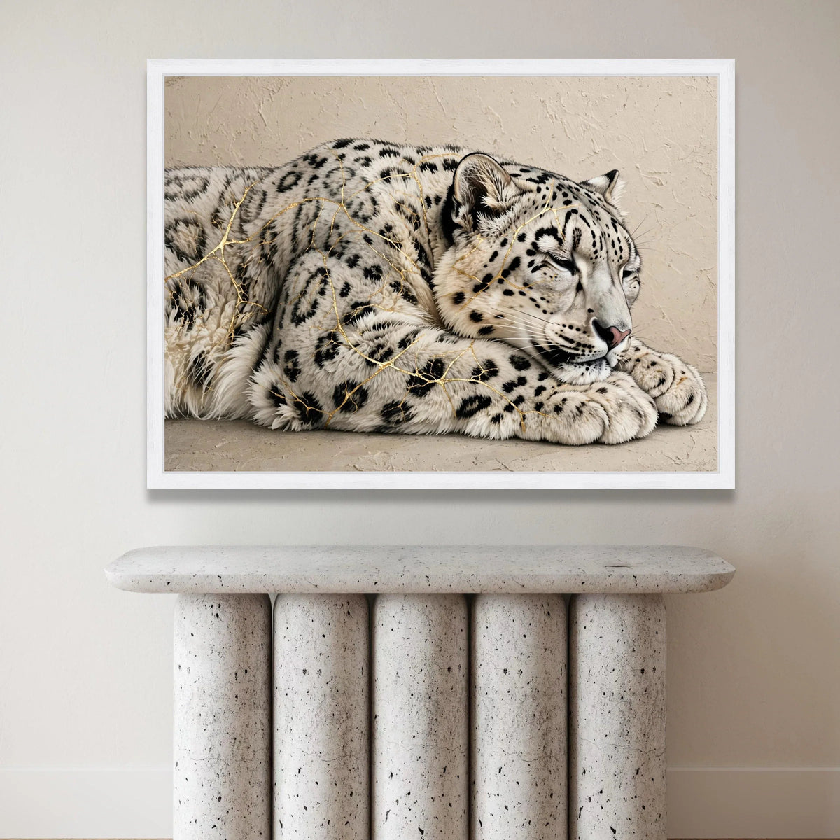Sleeping Snow Leopard Canvas Wall Art, Elegant Wildlife Animal Print, Relaxing Big Cat Illustration, Nature Home Canvas Print Art