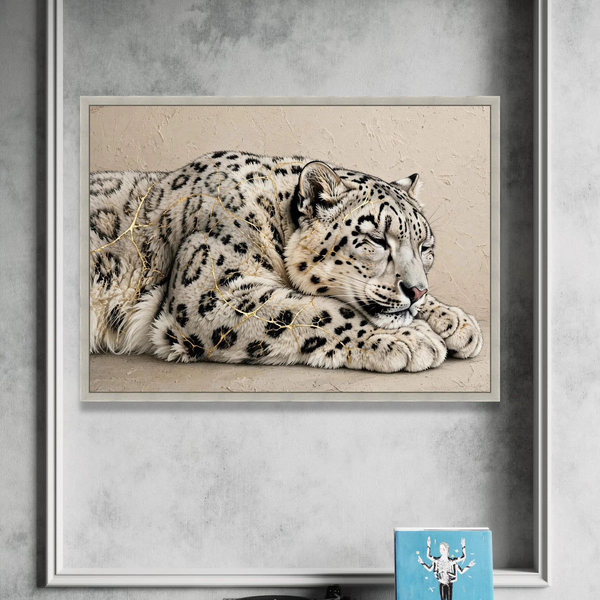 Sleeping Snow Leopard Canvas Wall Art, Elegant Wildlife Animal Print, Relaxing Big Cat Illustration, Nature Home Canvas Print Art