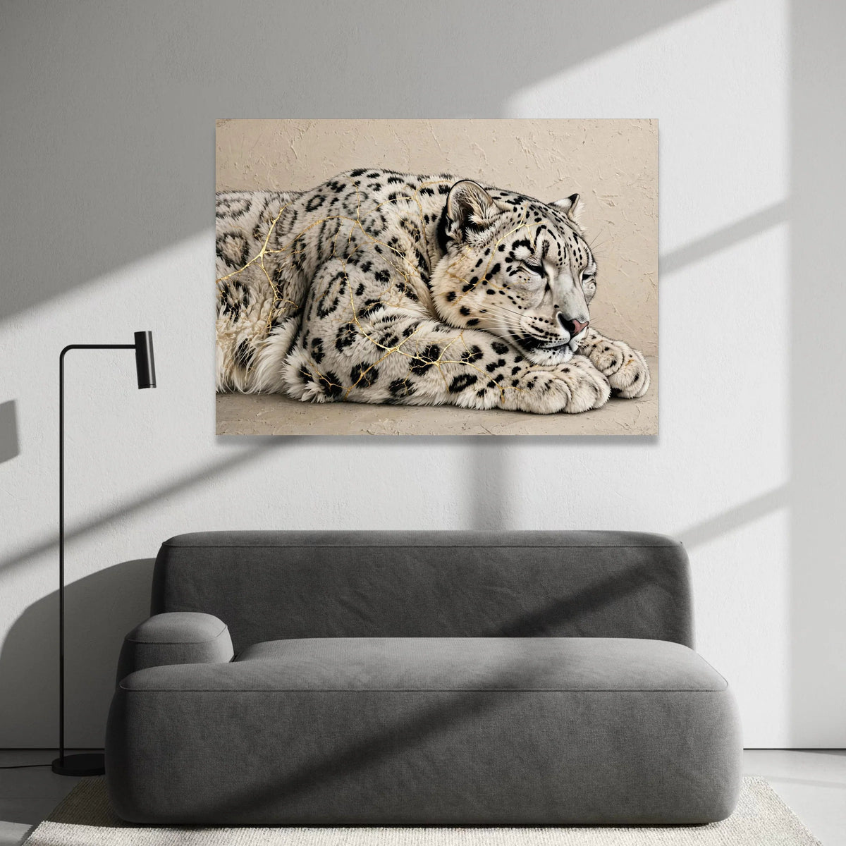 Sleeping Snow Leopard Canvas Wall Art, Elegant Wildlife Animal Print, Relaxing Big Cat Illustration, Nature Home Canvas Print Art