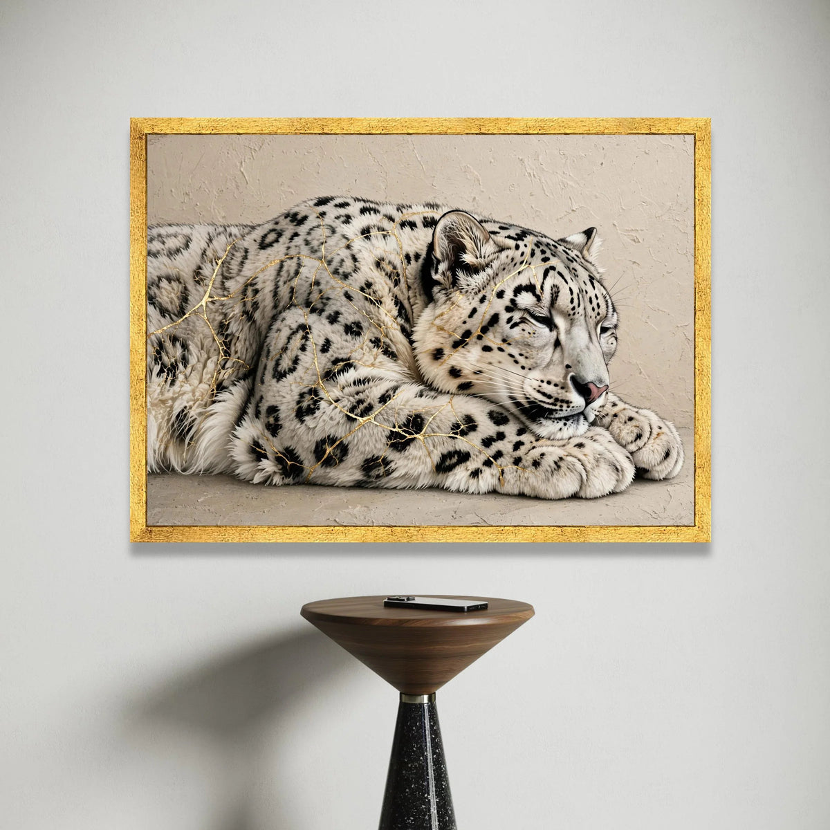 Sleeping Snow Leopard Canvas Wall Art, Elegant Wildlife Animal Print, Relaxing Big Cat Illustration, Nature Home Canvas Print Art