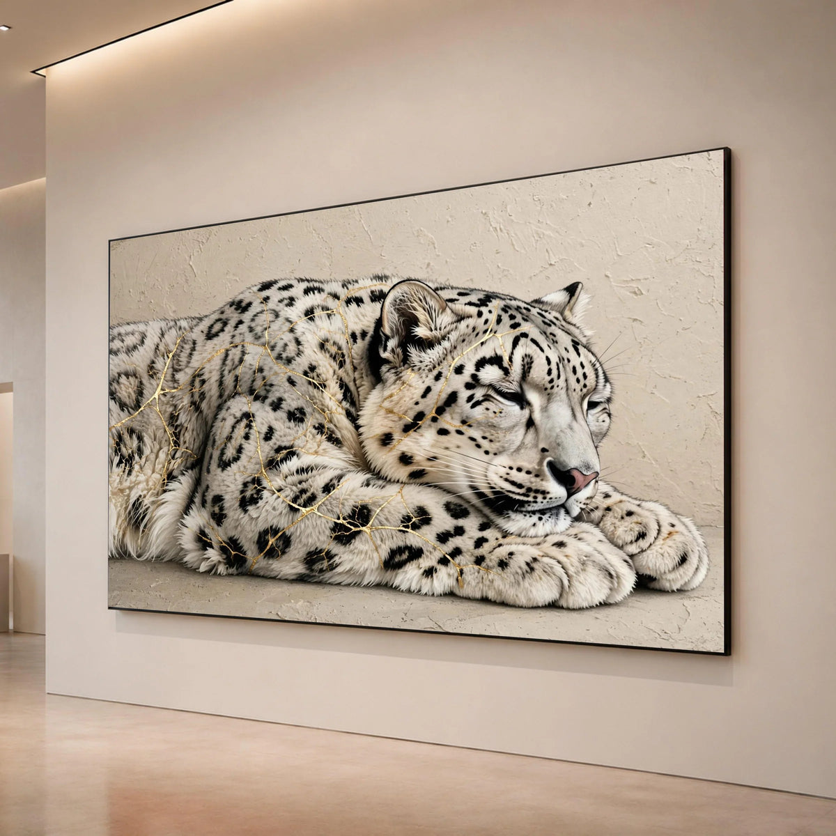 Sleeping Snow Leopard Canvas Wall Art, Elegant Wildlife Animal Print, Relaxing Big Cat Illustration, Nature Home Canvas Print Art