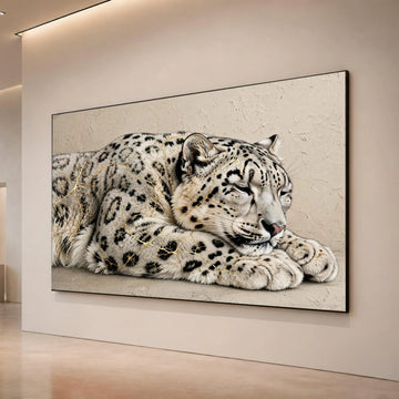 Sleeping Snow Leopard Canvas Wall Art, Elegant Wildlife Animal Print, Relaxing Big Cat Illustration, Nature Home Canvas Print Art