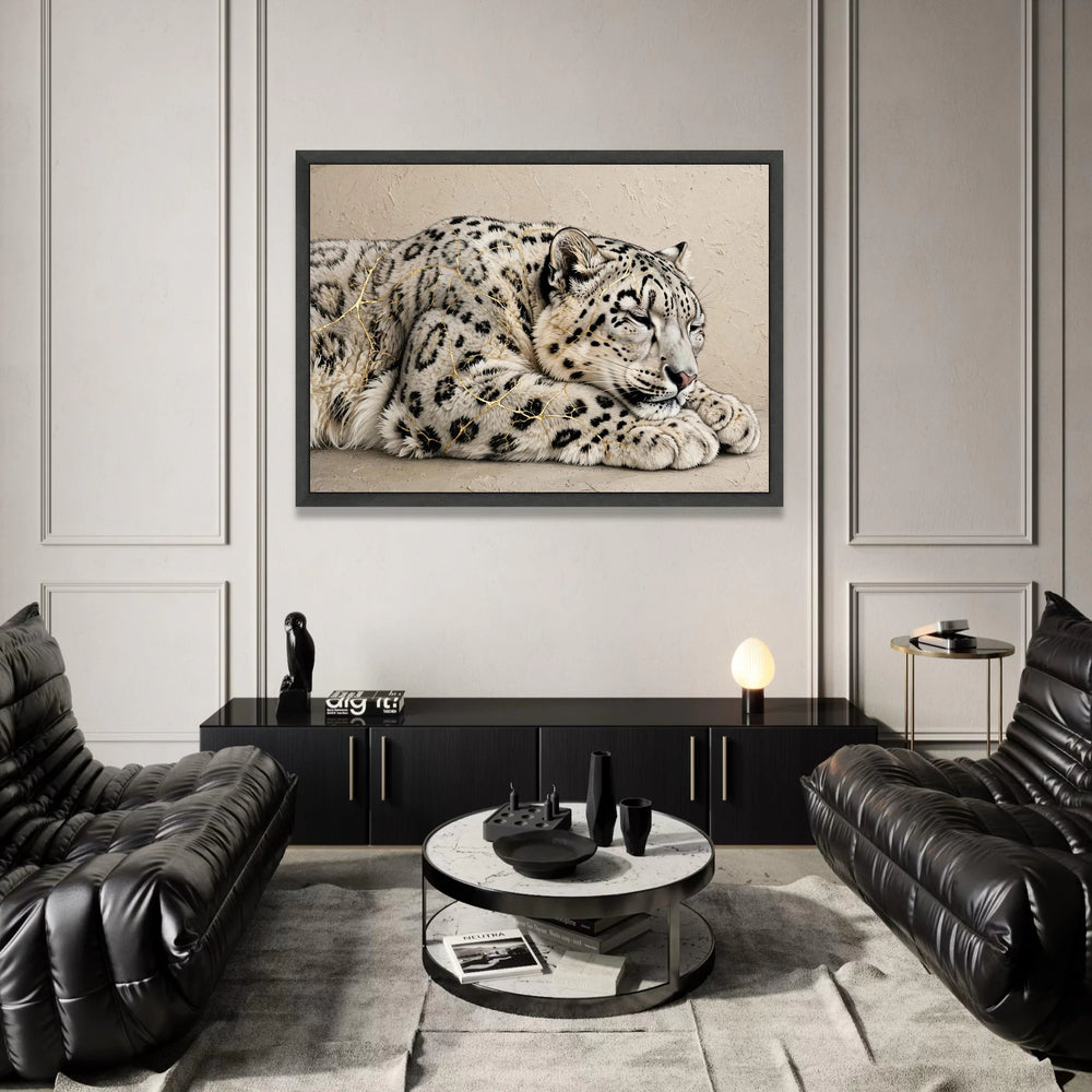 Sleeping Snow Leopard Canvas Wall Art, Elegant Wildlife Animal Print, Relaxing Big Cat Illustration, Nature Home Canvas Print Art