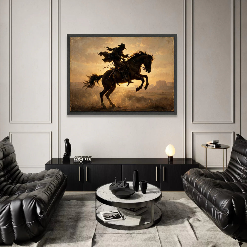 Western Cowboy Riding Horse Canvas, Sunset Silhouette Wall Art, Wild West Scene, Equestrian Home Décor, Rustic Canvas Canvas Print Art