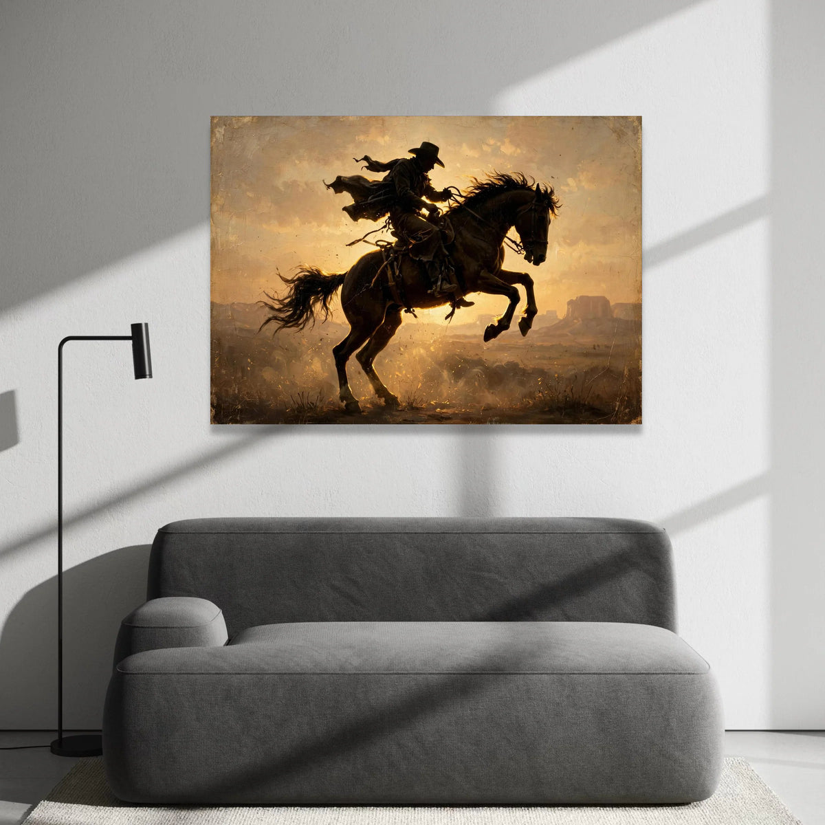Western Cowboy Riding Horse Canvas, Sunset Silhouette Wall Art, Wild West Scene, Equestrian Home Décor, Rustic Canvas Canvas Print Art