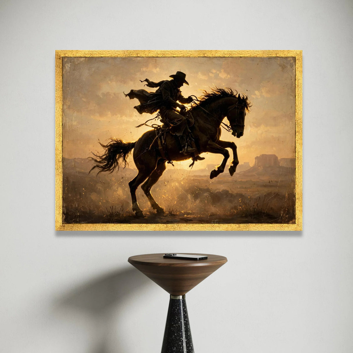 Western Cowboy Riding Horse Canvas, Sunset Silhouette Wall Art, Wild West Scene, Equestrian Home Décor, Rustic Canvas Canvas Print Art