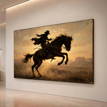 Western Cowboy Riding Horse Canvas, Sunset Silhouette Wall Art, Wild West Scene, Equestrian Home Décor, Rustic Canvas Canvas Print Art