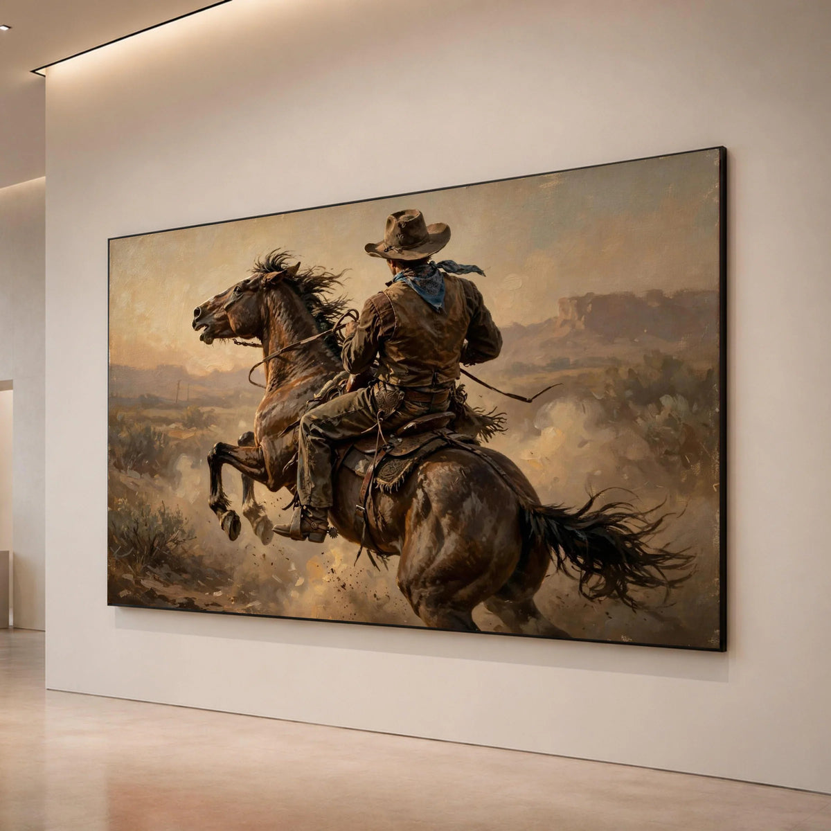 Western Cowboy Riding Horse Canvas, Wild West Equestrian Wall Art, Rustic Ranch Scene Canvas, Western Cowboy Home Decor Canvas Print Art