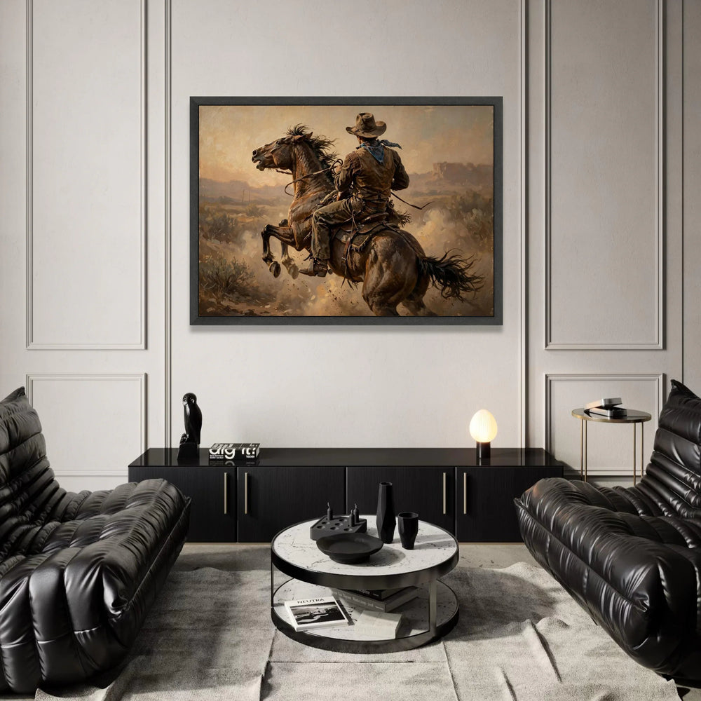 Western Cowboy Riding Horse Canvas, Wild West Equestrian Wall Art, Rustic Ranch Scene Canvas, Western Cowboy Home Decor Canvas Print Art