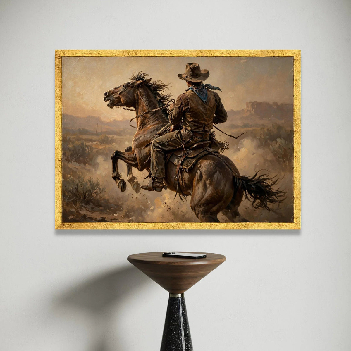 Western Cowboy Riding Horse Canvas, Wild West Equestrian Wall Art, Rustic Ranch Scene Canvas, Western Cowboy Home Decor Canvas Print Art