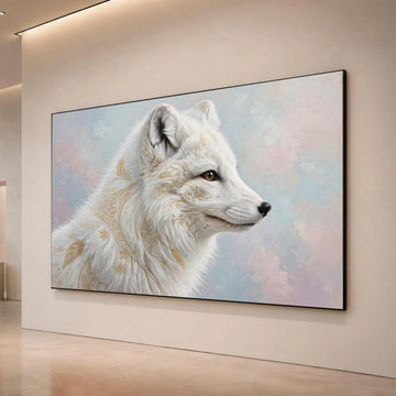Elegant White Arctic Fox Canvas Wall Art, Golden Floral Pattern, Mystical Animal Portrait, Nature Wall Decoration, Modern Canvas Print Art