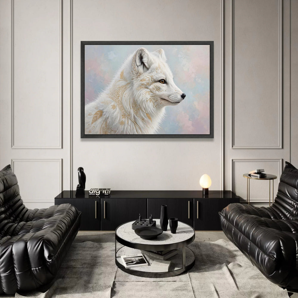 Elegant White Arctic Fox Canvas Wall Art, Golden Floral Pattern, Mystical Animal Portrait, Nature Wall Decoration, Modern Canvas Print Art