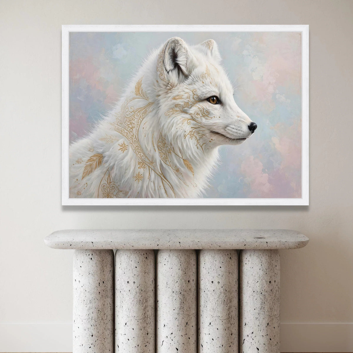 Elegant White Arctic Fox Canvas Wall Art, Golden Floral Pattern, Mystical Animal Portrait, Nature Wall Decoration, Modern Canvas Print Art