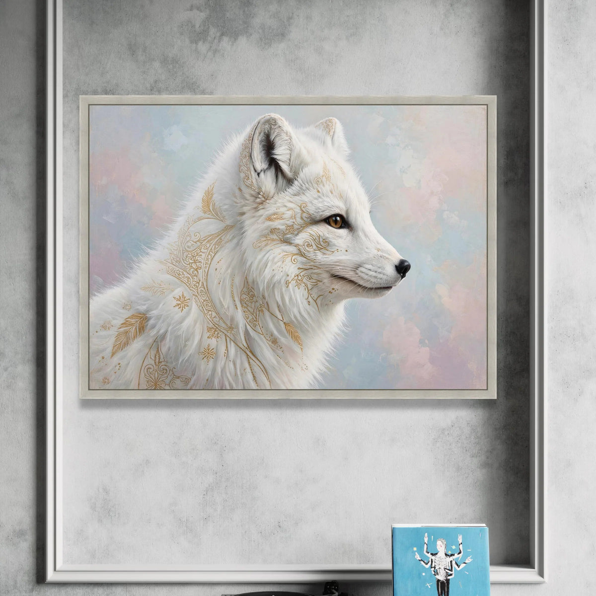 Elegant White Arctic Fox Canvas Wall Art, Golden Floral Pattern, Mystical Animal Portrait, Nature Wall Decoration, Modern Canvas Print Art